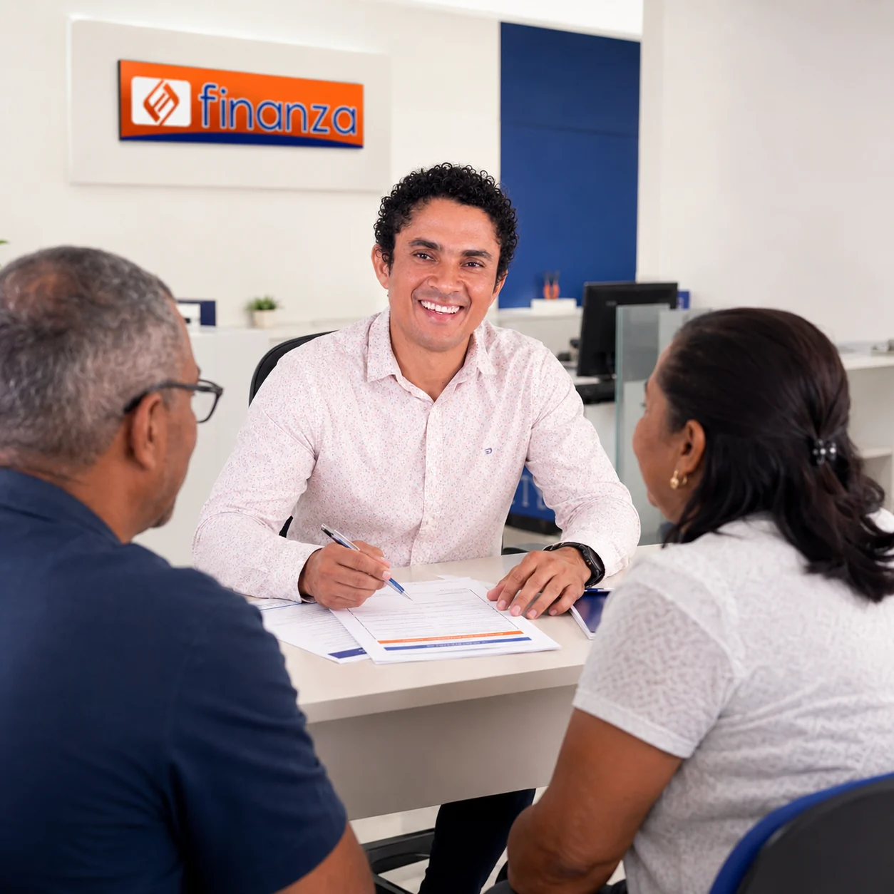 Consultor da Finanza orientando casal durante assinatura de documentos