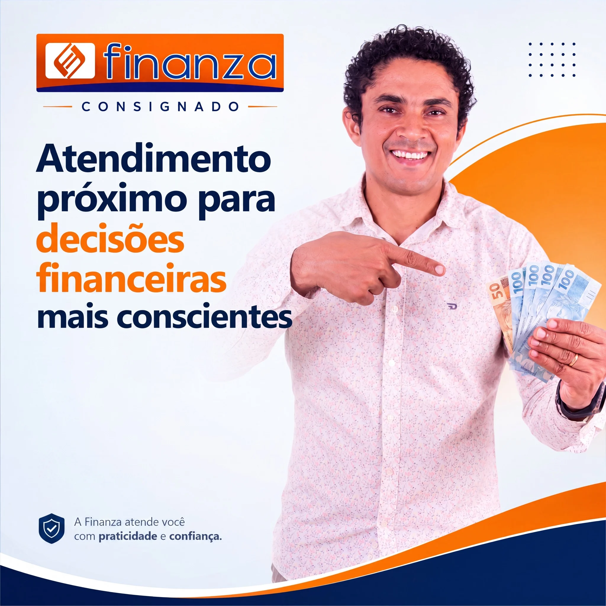 Arte institucional da Finanza Consignado sobre atendimento financeiro consciente